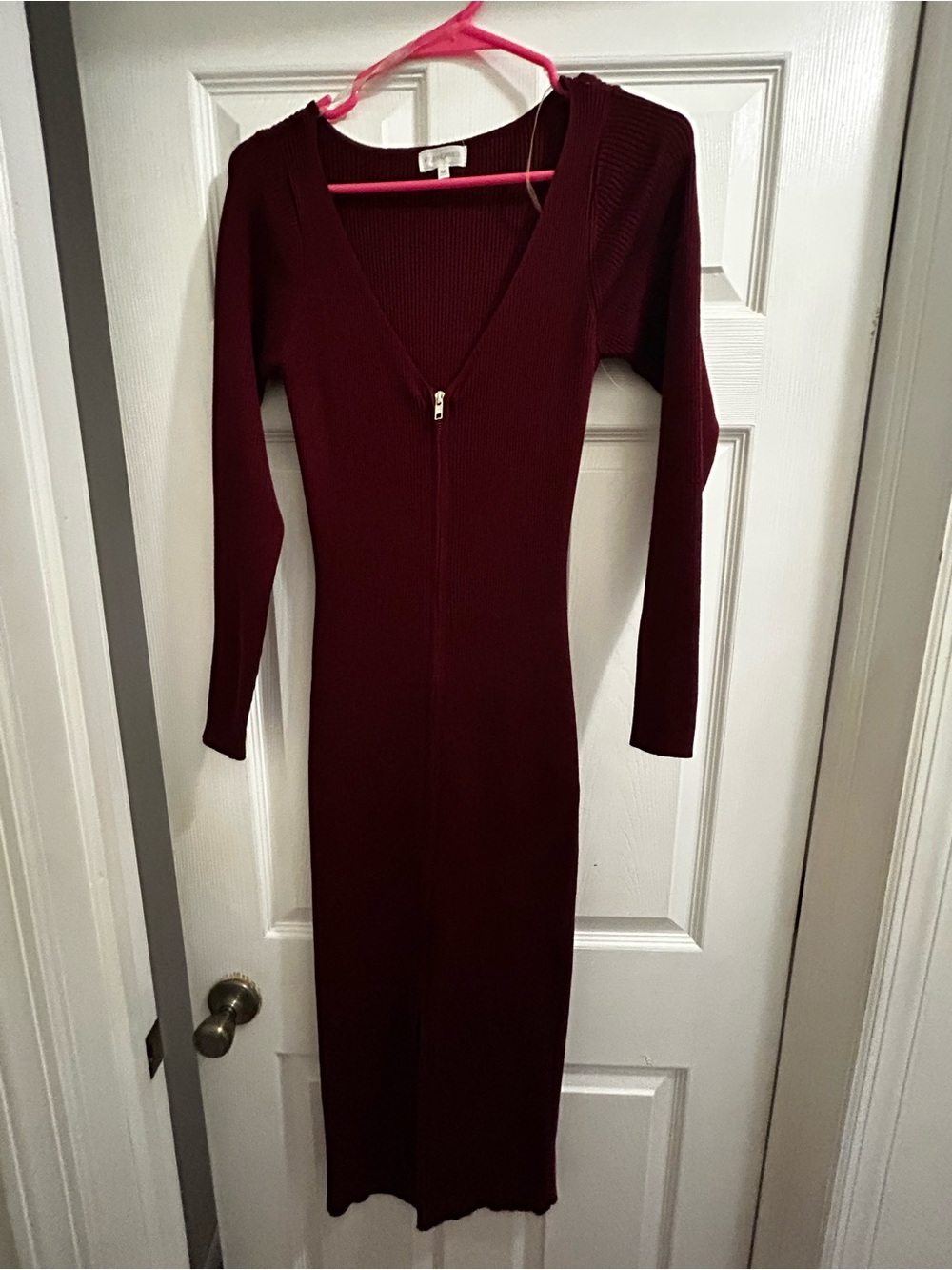 Zip-Front Long Sleeve Midi Dress in Wine